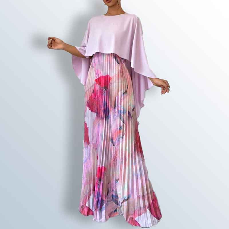 One-piece silk floral dress, the dress is connected to the cape
