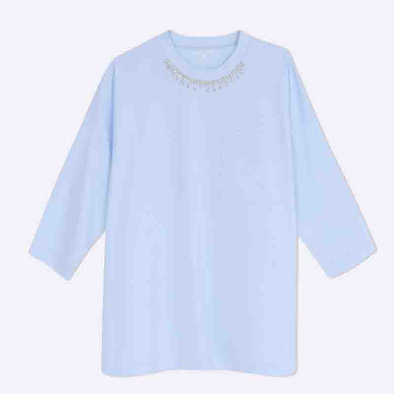 Cotton Blend Sleeve Tunic with Neckline Embroidery