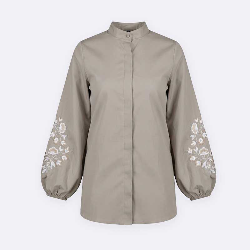 Mandarin Collar Blouse with Embroidered Bishop Sleeves