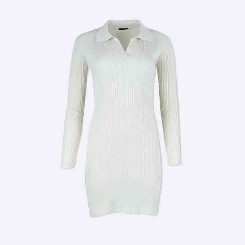 Women's Ribbed Knit Long Sleeve Dress with Polo Collar