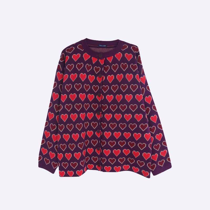 Women's Heart Pattern Crewneck Cardigan