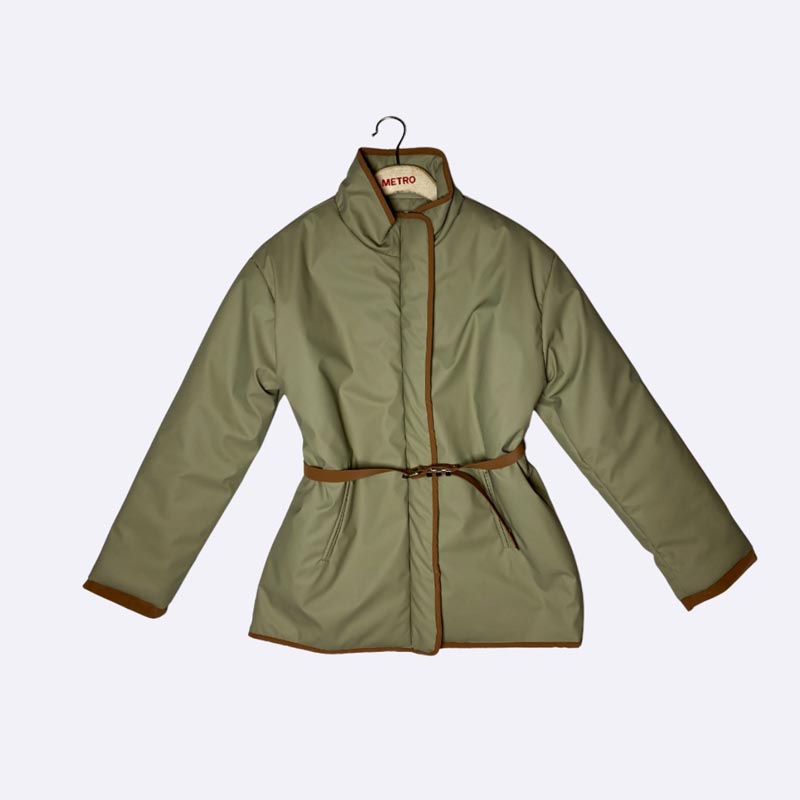 Womens Belted Padded Jacket with Contrast Trim