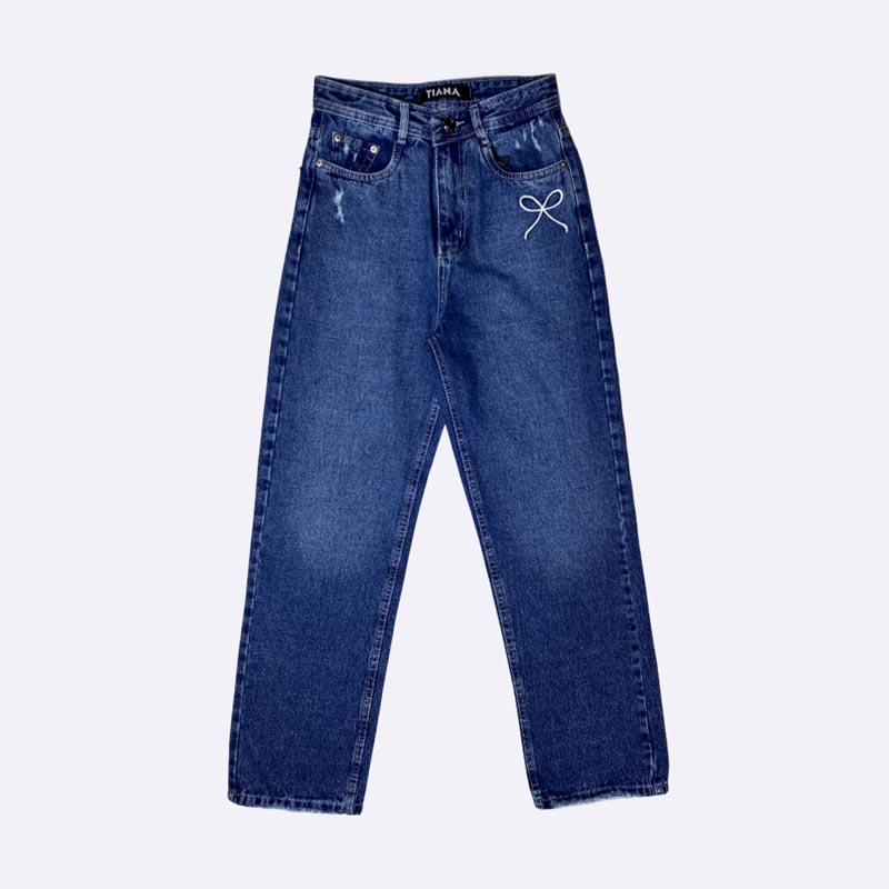 Women's High-Rise Blue Straight Jeans with Bow Embroidery