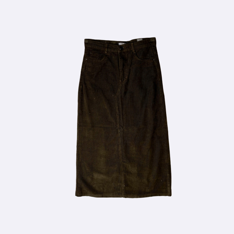Women's Dark Brown/Olive High-Waist Corduroy Midi/Maxi Skirt