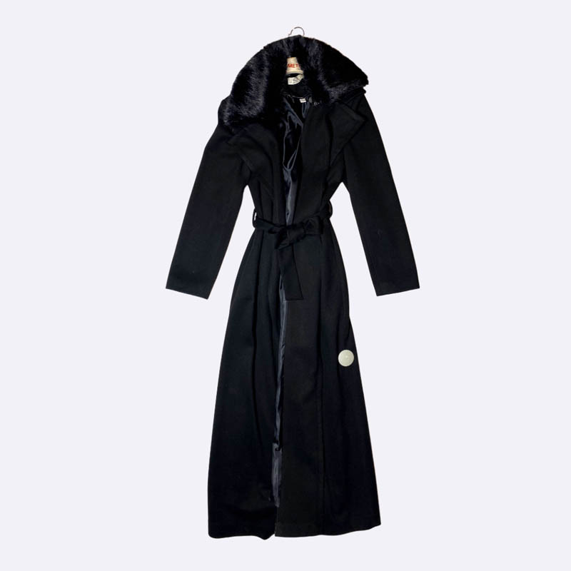 Women's Black Faux Fur Collar Belted Maxi Wool Coat