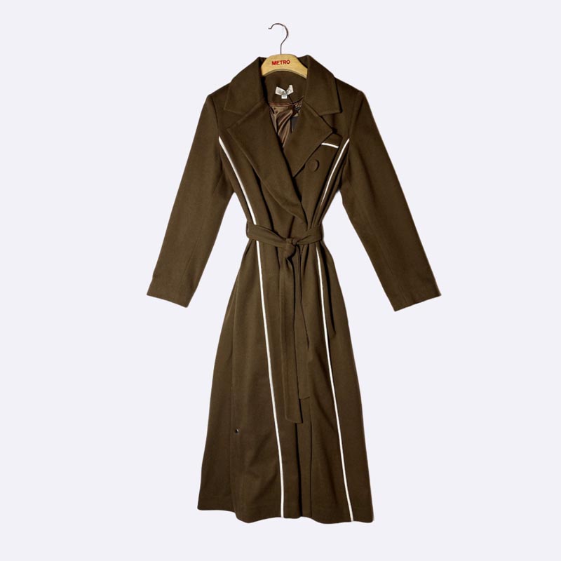 Women's Longline Belted Wool Blend Coat with Contrast Piping Detail