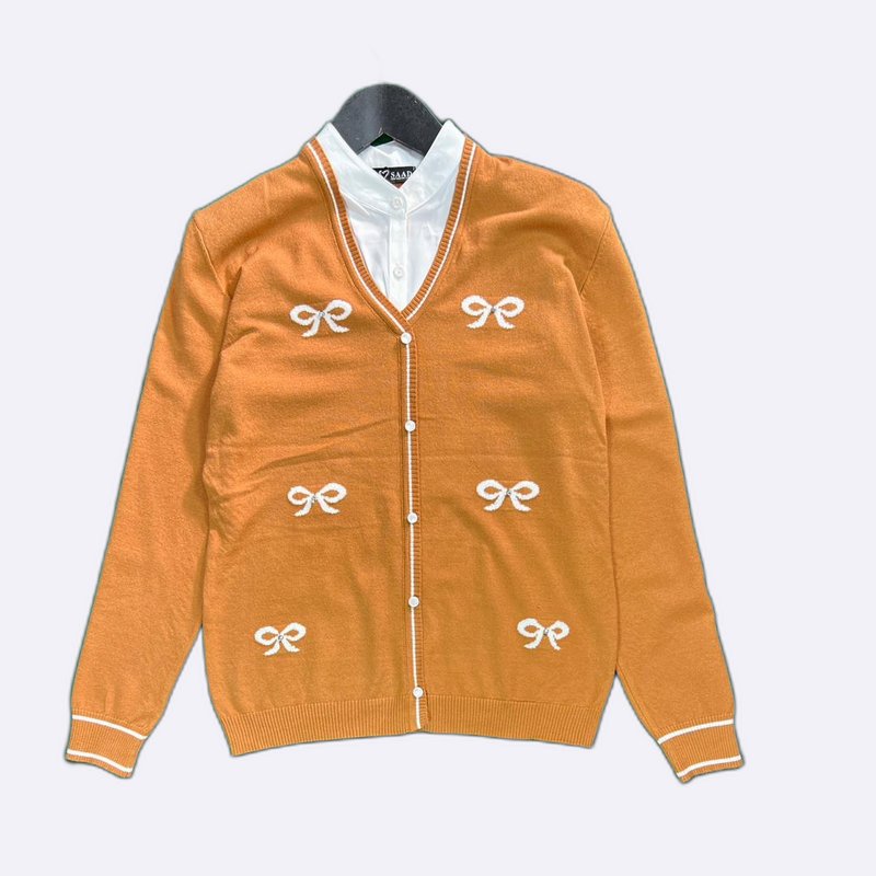 Bow-Embellished Knit Cardigan with Collar Detail