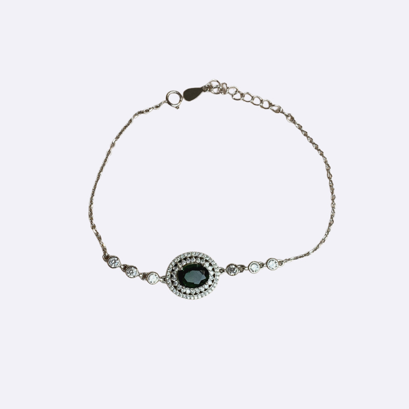 Silver Bracelet with Oval Dark Green Stone