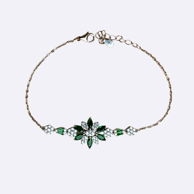 Silver Bracelet with Green Floral Stone Motif