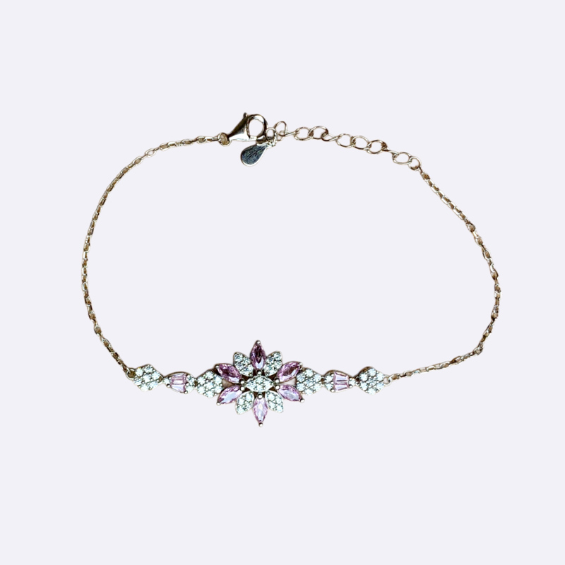 Silver Bracelet with Pink Floral Stone Motif