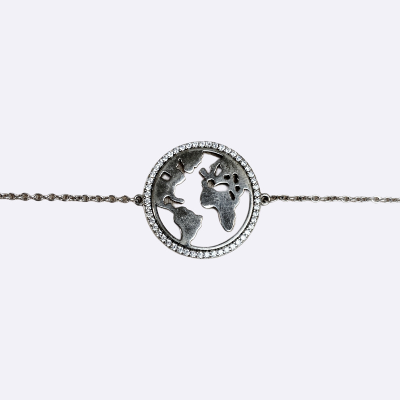 Silver World Map Bracelet with Pave Outline