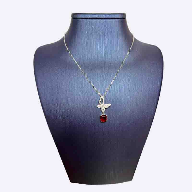 Silver Butterfly Necklace with Red Stone