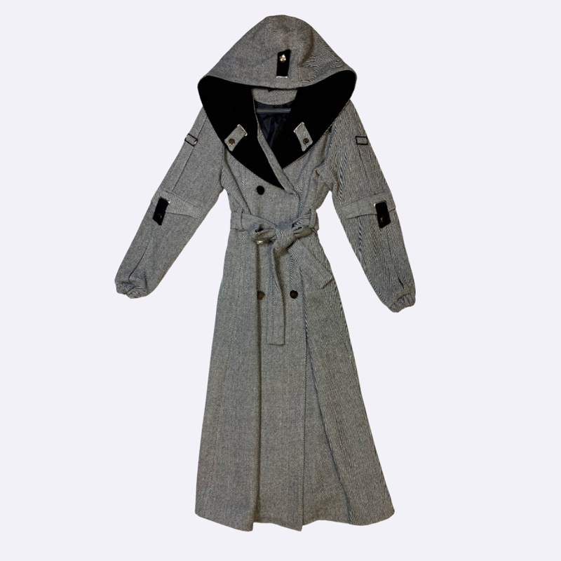Long Hooded Trench Coat with Contrast Trim