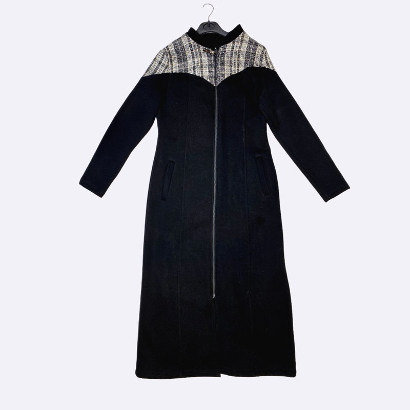 Long Coat with Patterned Yoke and Zip Closure