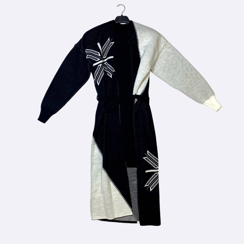 Long Knit Cardigan with Contrast Design