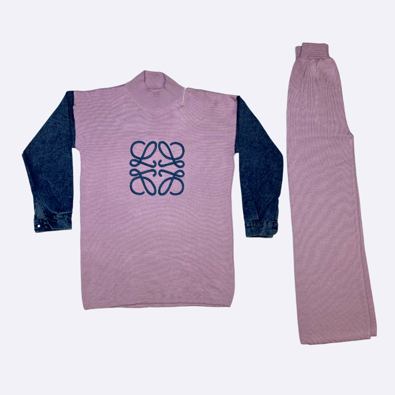 Knit Pajama Set with Denim Sleeves