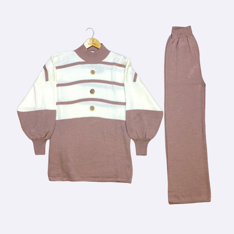 Two-Tone Striped Knit Set with Buttons