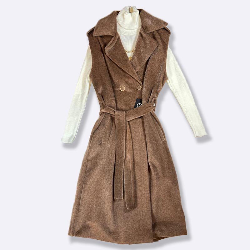 Belted Sleeveless Trench Coat with Turtleneck Top Set