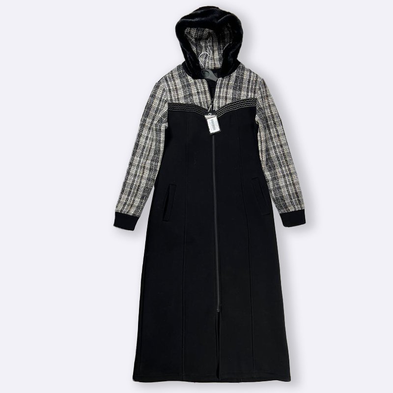 Fur-Trimmed Hooded Maxi Coat with Plaid Sleeves