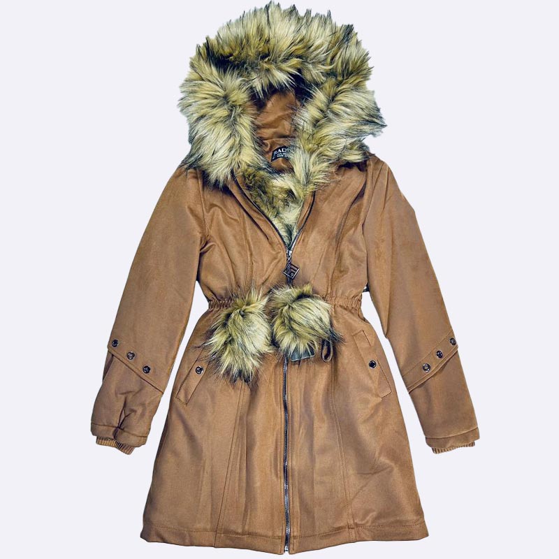 Faux Suede Fur Trim Hooded Winter Coat
