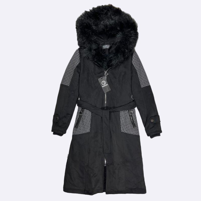Radial Black Faux Fur Hooded Longline Coat