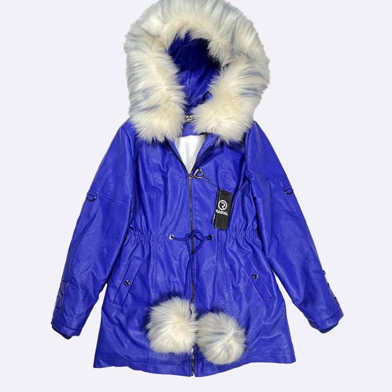 Royal Blue Faux Leather Fur Trimmed Hooded Jacket