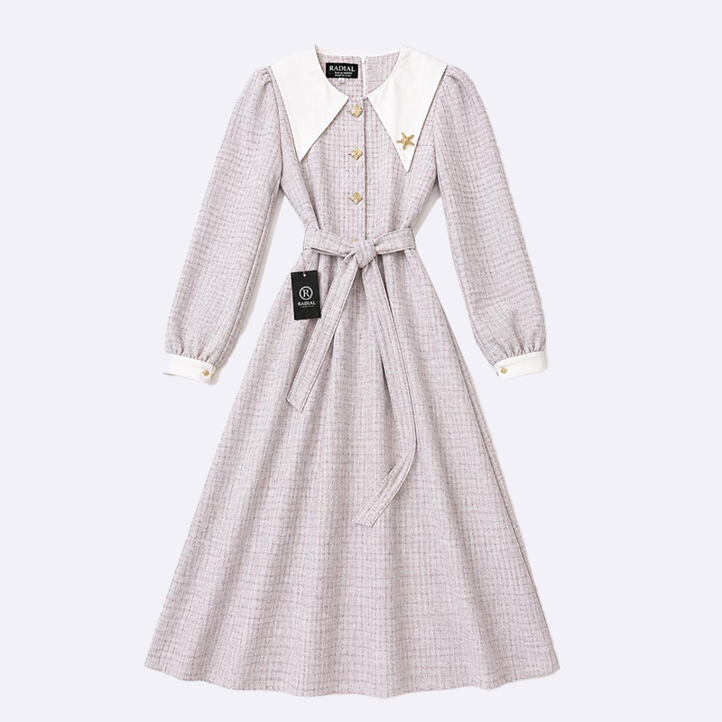 Bouclé Dress with Satin Collar & Brooch