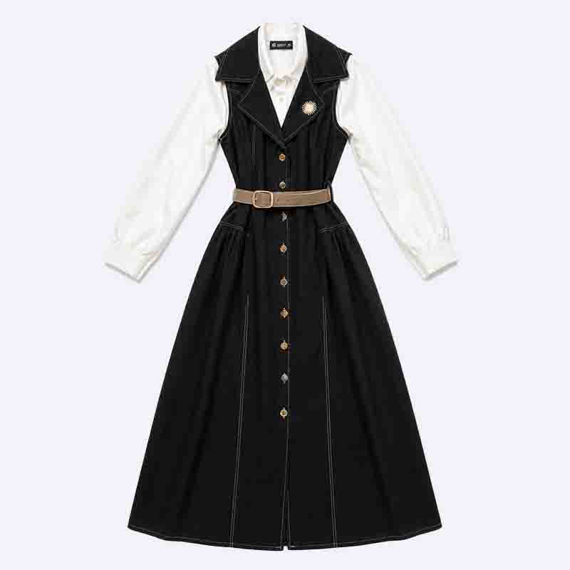 Layered Shirt Denim Dress with Belt