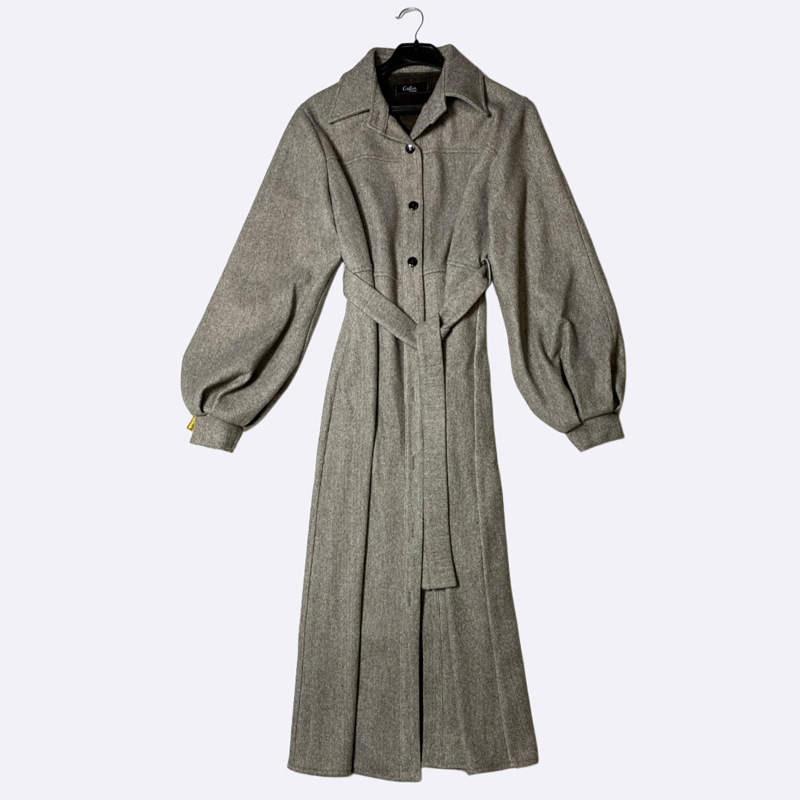 Women's Long Wool Blend Coat with Puff Sleeves