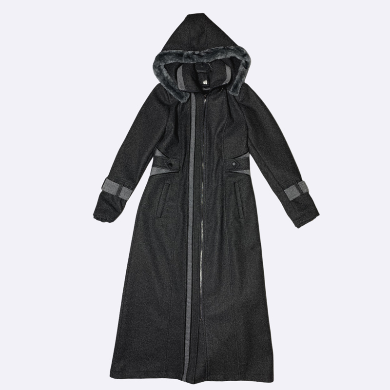 Women's Long Hooded Wool Blend Coat with Faux Fur Trim