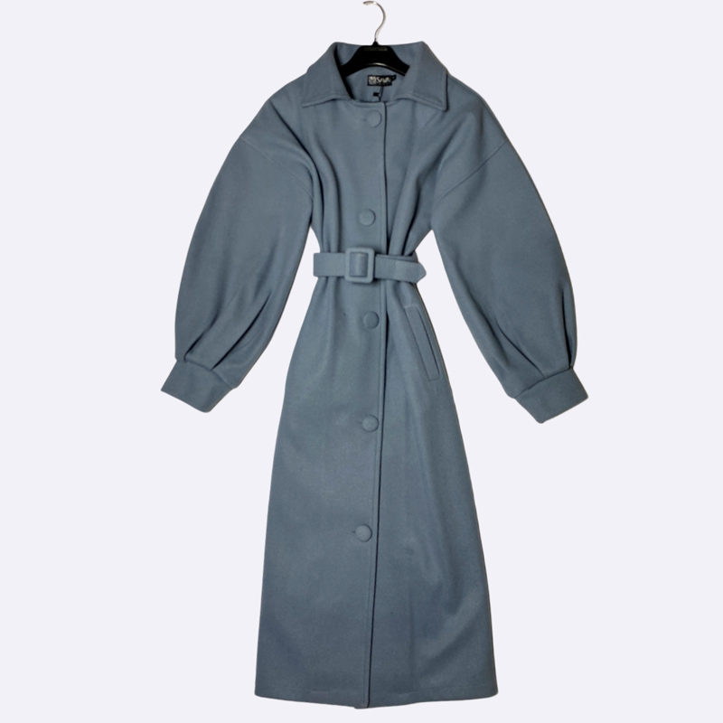 Women's Long Coat with Belt and Balloon Sleeves