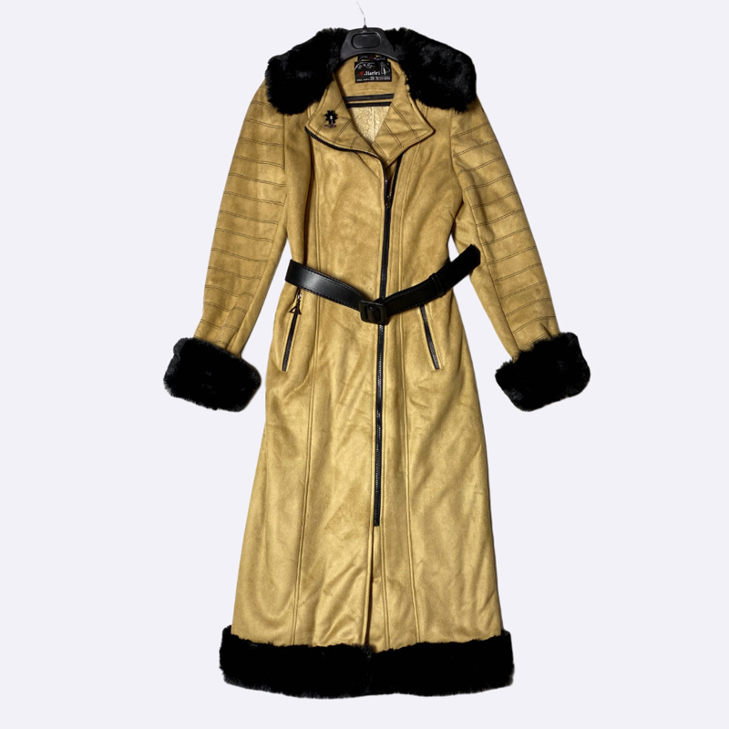 Women's Long Suede Coat with Faux Fur Trim