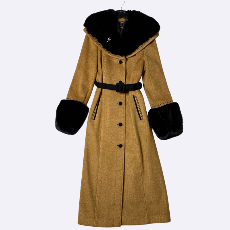 Women's Long Coat with Contrast Fur Trim