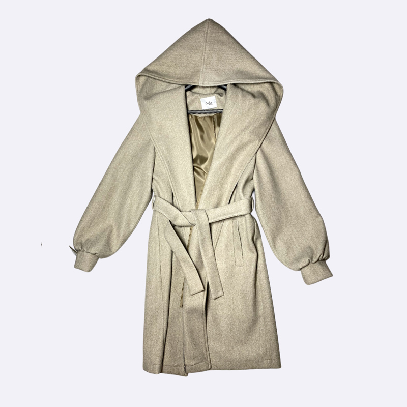Women's Hooded Wrap Coat with Balloon Sleeves
