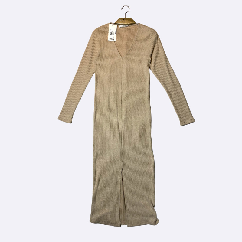 Long Ribbed Knit V-Neck Dress