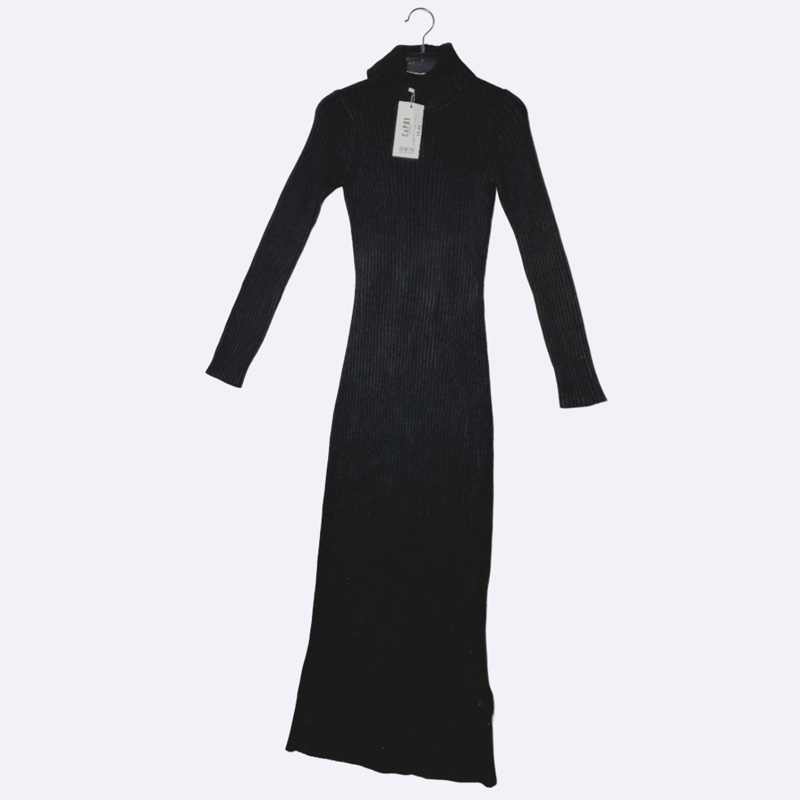 Long Ribbed Knit Turtleneck Dress