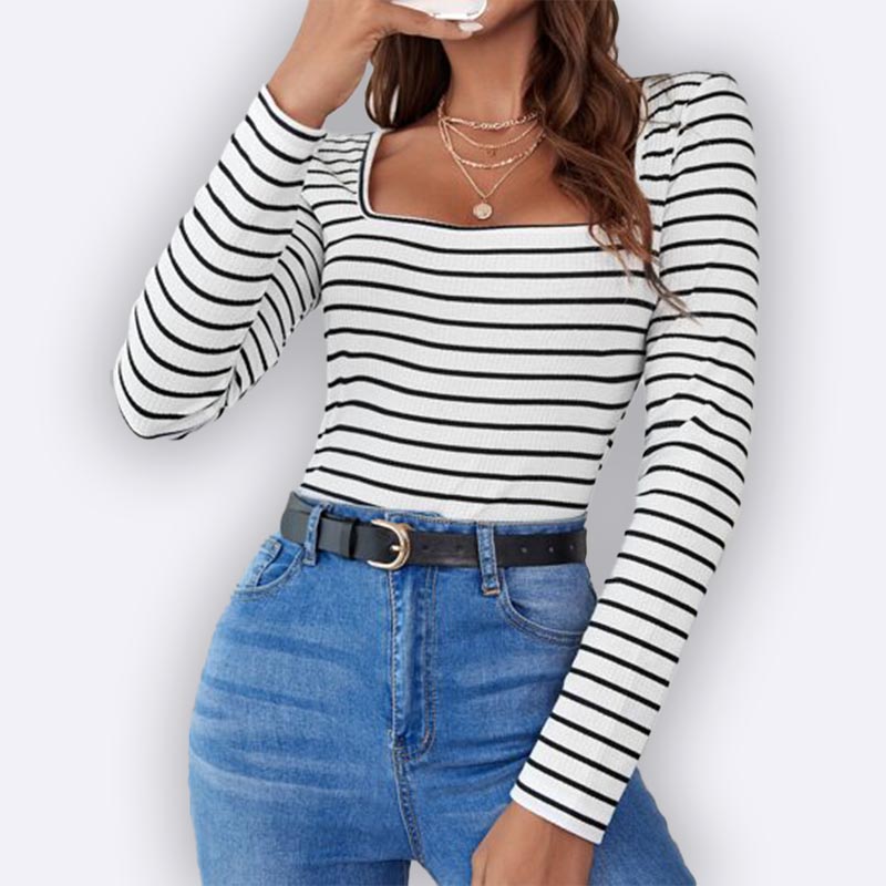 Striped Square Neck Long Sleeve Top