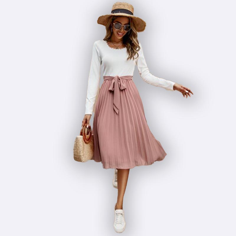 Elegant Pleated Midi Dress with Tie Belt
