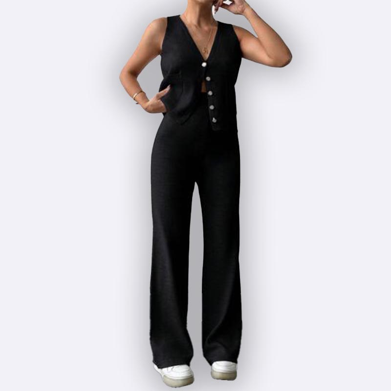 Sleek Black Vest & Wide Leg Pant Set