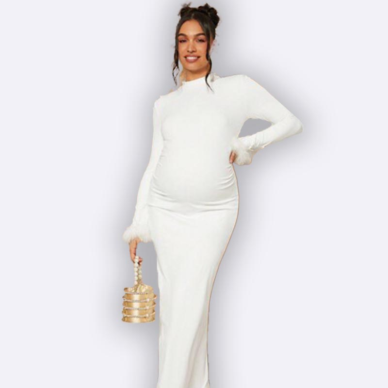 Elegant White Maternity Maxi Dress with Feather Cuffs