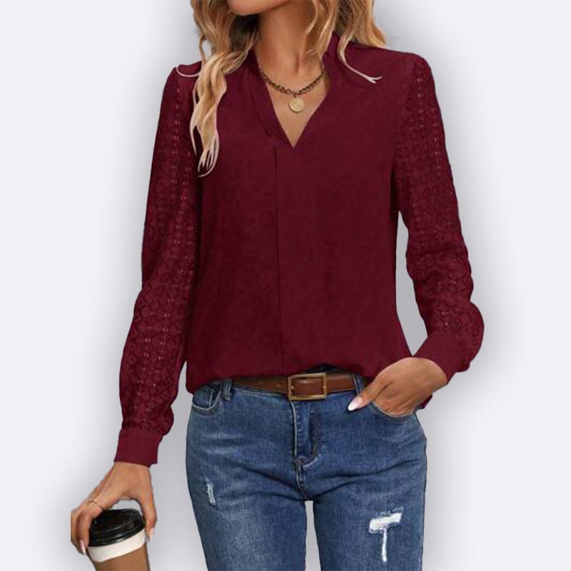 Burgundy Lace Sleeve V-Neck Blouse