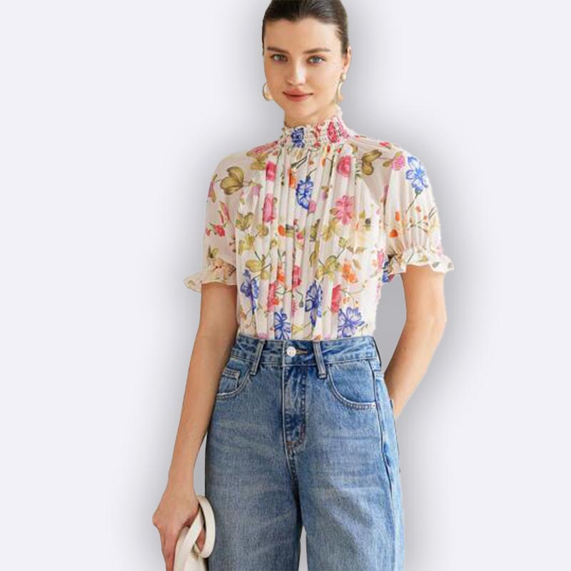 Floral Print Ruffle Sleeve High Neck Blouse
