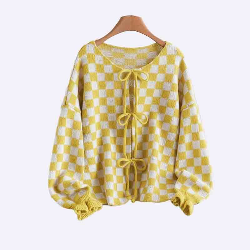 Checkered Bow-Tie Knit Cardigan